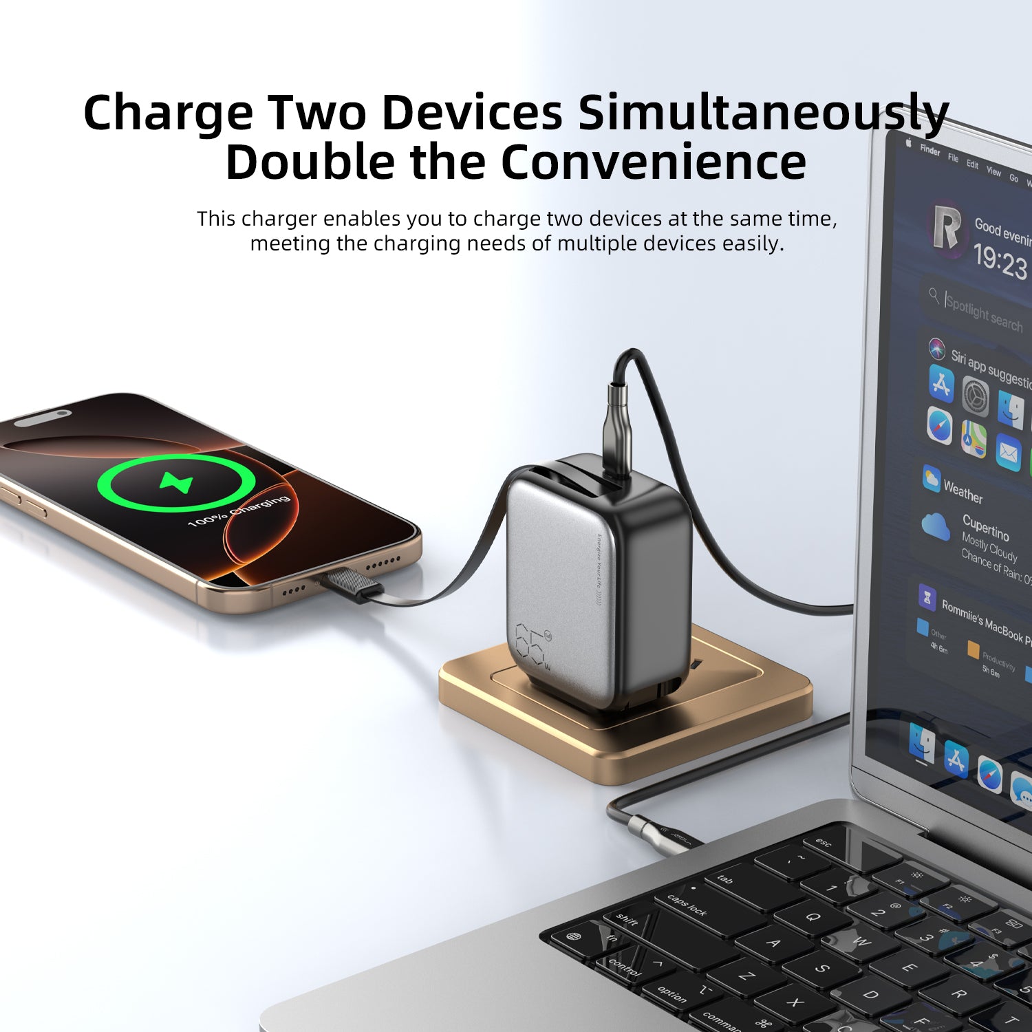 Vyvylabs Swiftshine GaN Fast Charger 65W C with Retractable C Cable