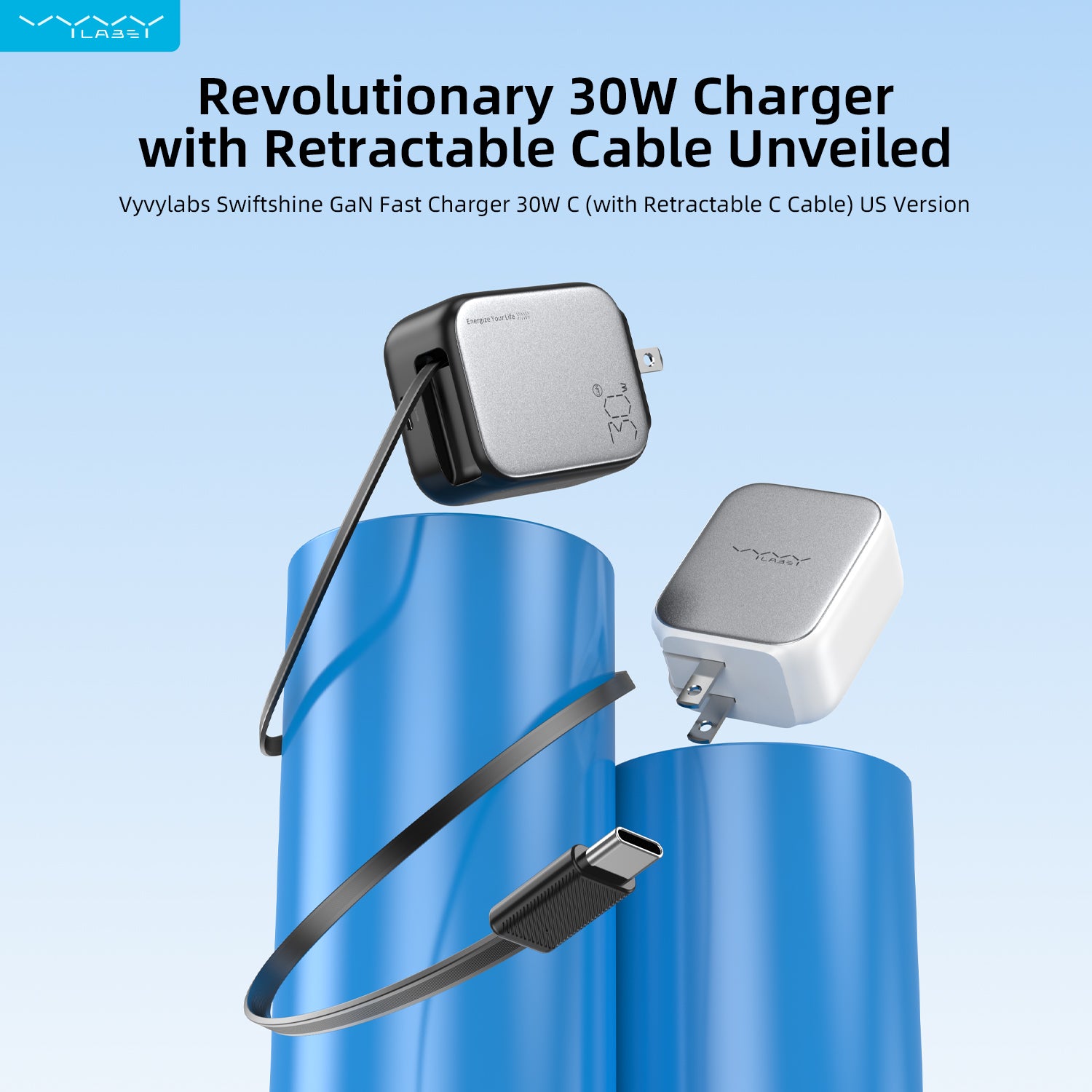 Vyvylabs Swiftshine GaN Fast Charger 30W C with Retractable C Cable