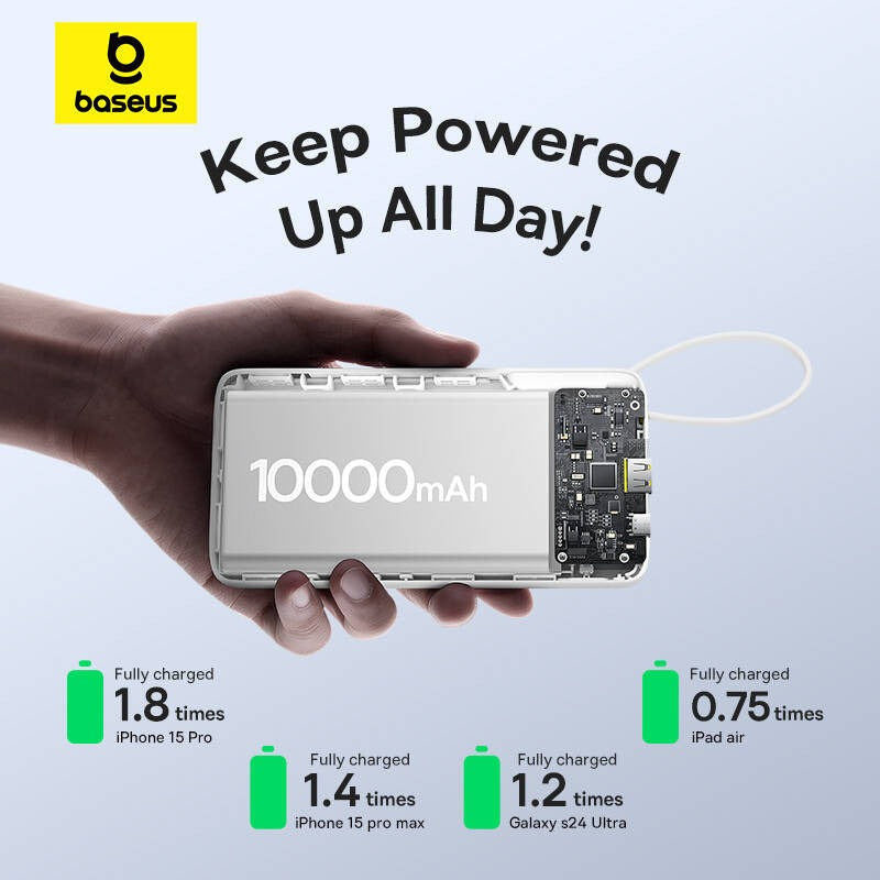 Baseus Bipow 2 Power Bank 10000mAh 20W with USB-C Cable (Cluster Black, Moon White)