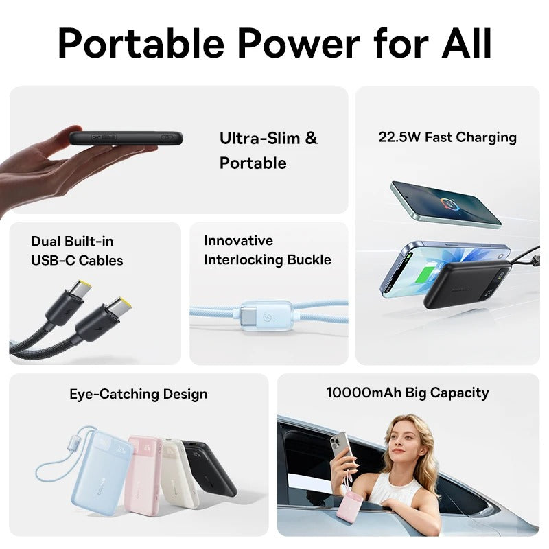 Baseus EnerFill FC11 Digital Display Power Bank with Dual Built-In USB-C Cables 10000mAh 22.5W (Cosmic Black, Beige, Galaxy Blue, Baby Pink)