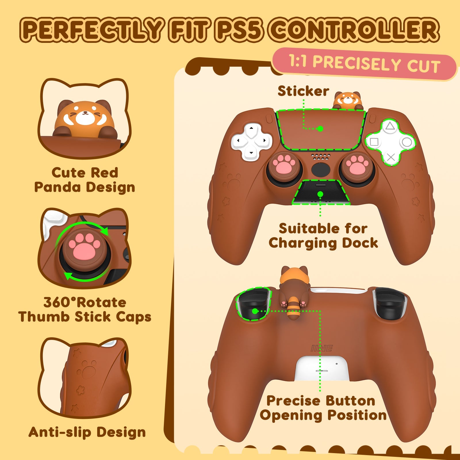 IINE Red Panda Silicone Protective Case for PS5 Controller (Brown) (L990)