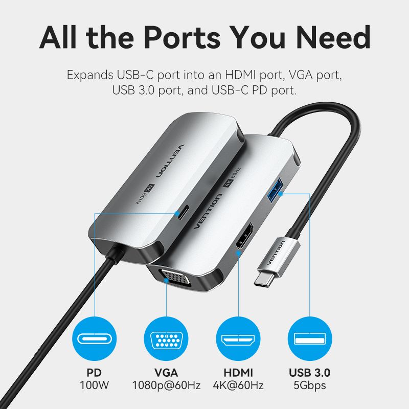 Vention 4-in-1 USB-C Docking Station - USB-C to HDMI + VGA + USB 3.0 + PD - 15M (TQAHB)