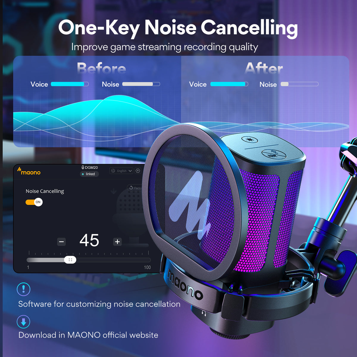 Maono DGM20G S GamerWave USB RGB Condenser Noise Canceling Microphone with Boom Arm