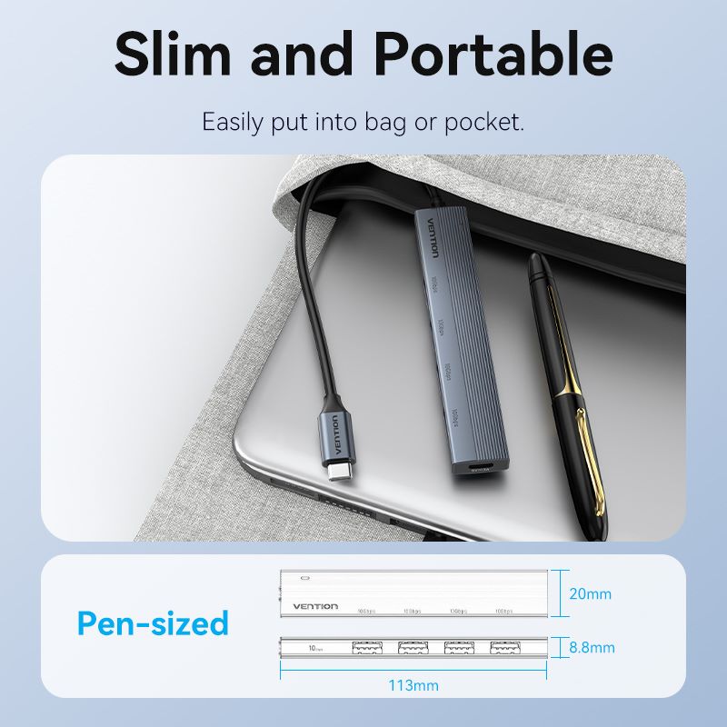 Vention 5-in-1 USB-C Mini Hub - USB-C to USB 3.2 Gen2 Type-A x 4 - 0.15M (CKHHB)