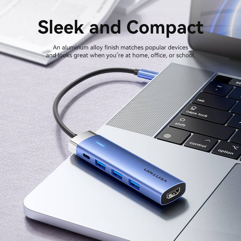 Vention 5-in-1 USB-C Docking Station - USB-C to HDMI + USB 3.0 x 3 + PD - 0.15M (Blue) (TGESB)