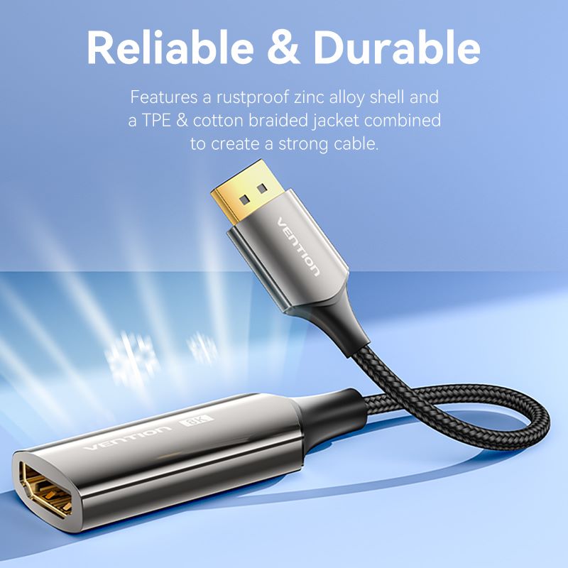 Vention Cotton Braided DP Male to HDMI Female 8K Converter - Black Zinc Alloy Type 0.25M (HFNBC)