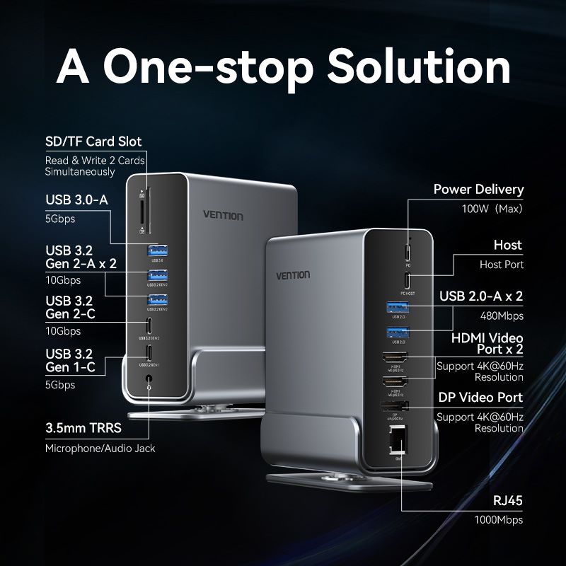 Vention 15-in-1 USB-C MST Docking Station - USB-C to DP + HDMI x 2 + USB 3.2 Gen2 Type-C + USB 3.2 Gen2 Type-A x 2 + USB 3.2 Gen1 Type-C + USB 3.0 + USB 2.0 x 2 + RJ45 + SD + TF + 3.5mm TRRS + PD (TPUH0)