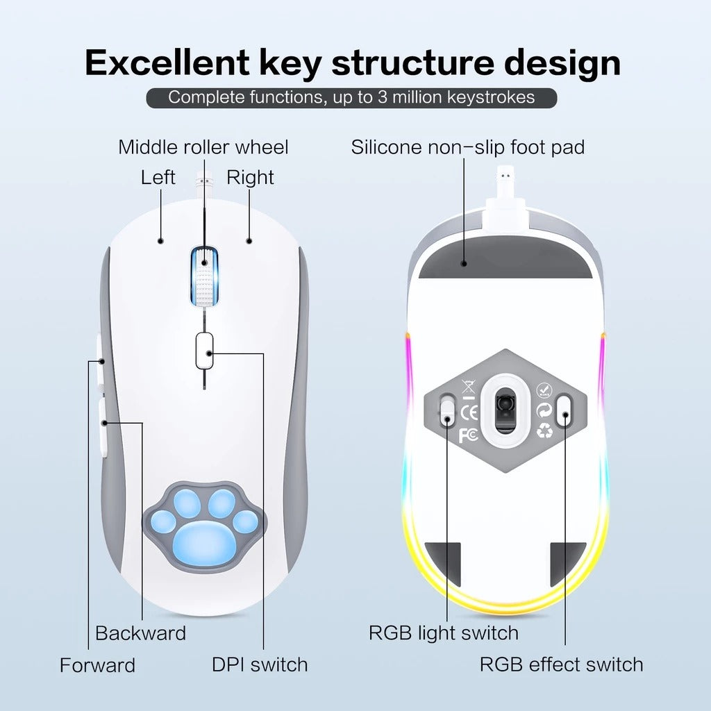 Onikuma CW918 Cat Paw RGB Wired Professional Gaming Mouse (White)