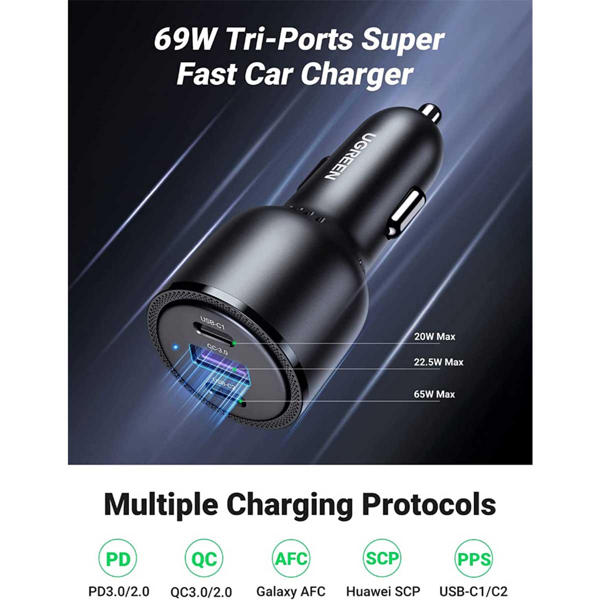 UGreen 3-Port 2XUSB-C PD+USB-A 69W Fast Car Charger (Black) (CD239/20467)