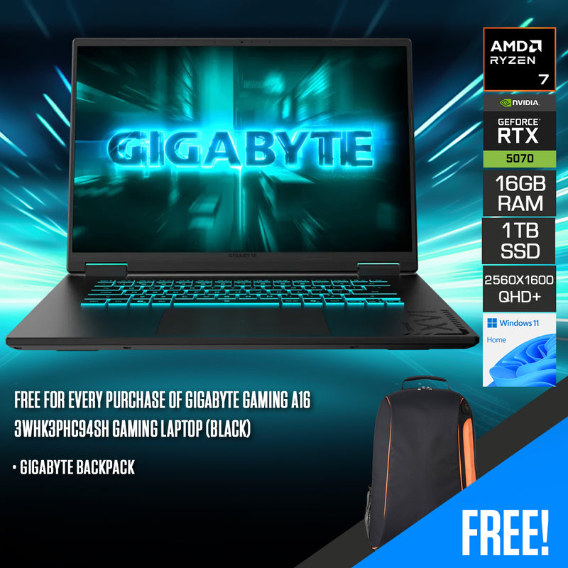 Gigabyte Gaming A16 3WHK3PHC94SH Gaming Laptop (Black) | 16" QHD+ (2560x1600) 165Hz IPS | Ryzen 7 260 | 16GB RAM | 1TB SSD | RTX 5070 8GB | Windows 11 Home | Gigabyte Backpack