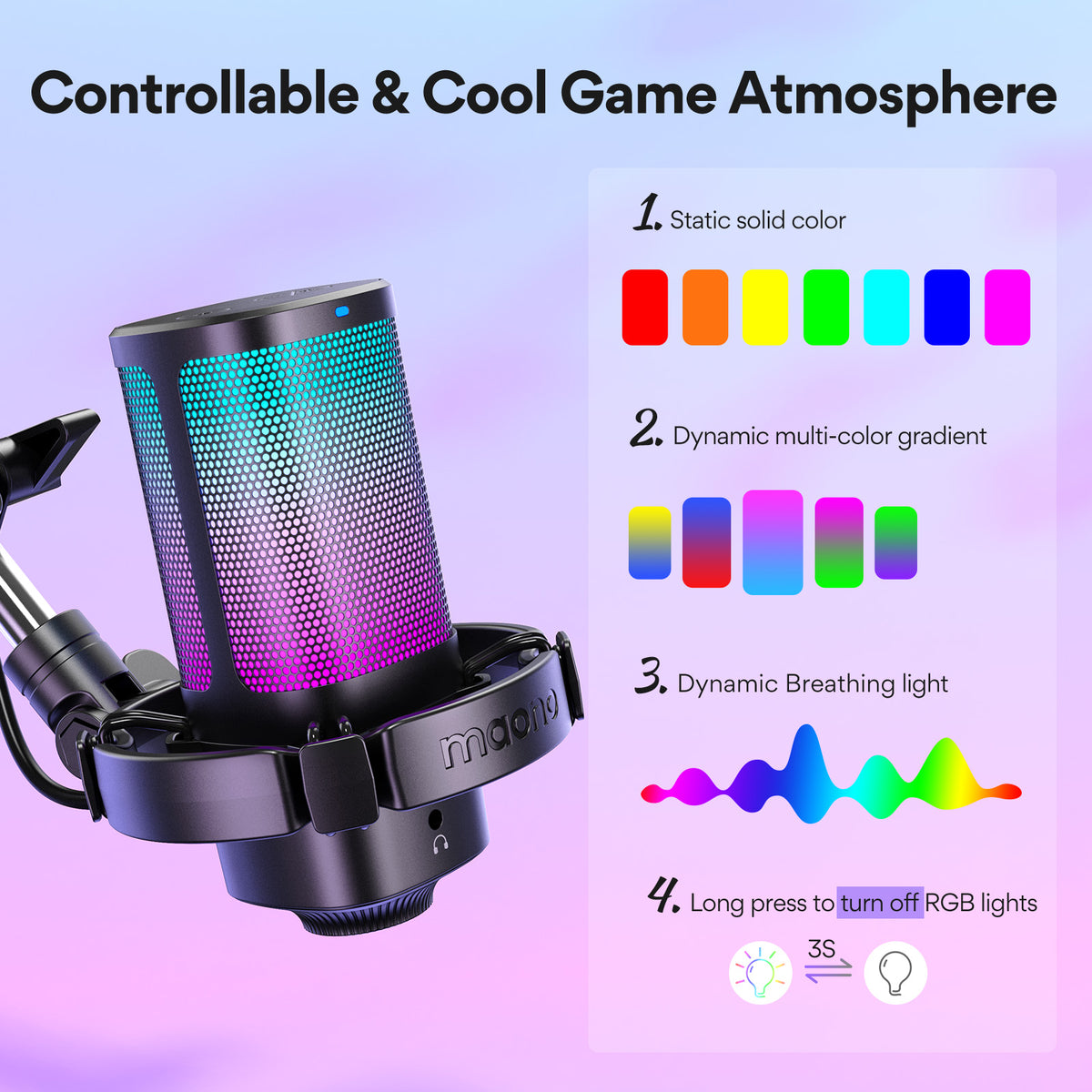 Maono DGM20G S GamerWave USB RGB Condenser Noise Canceling Microphone with Boom Arm