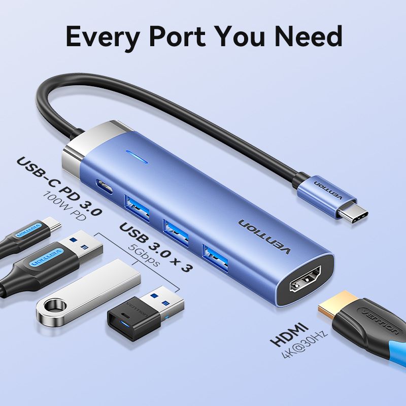 Vention 5-in-1 USB-C Docking Station - USB-C to HDMI + USB 3.0 x 3 + PD - 0.15M (Blue) (TGESB)