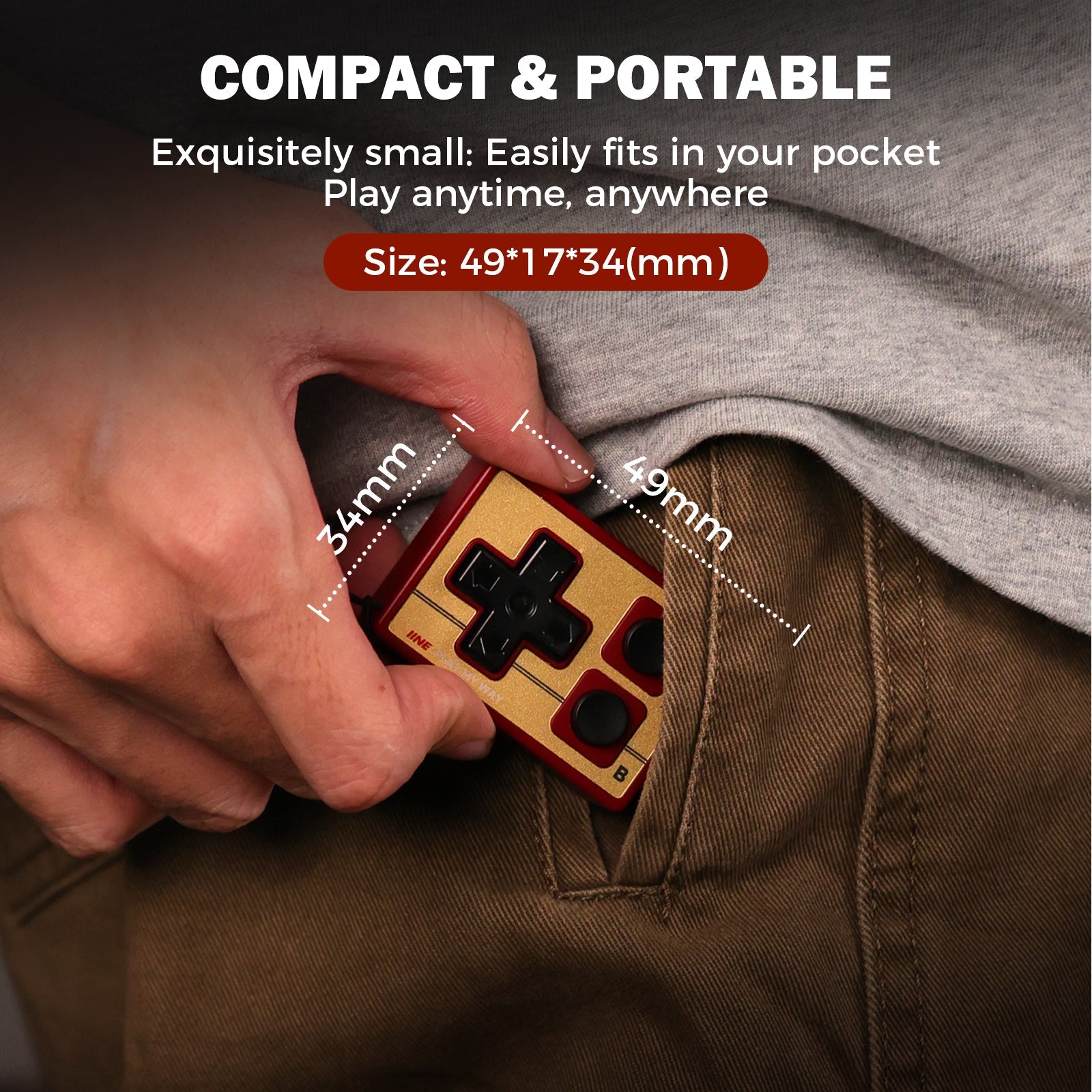 IINE Gamebrick Mini Retro Controller (Classic Grey, Retro Red)