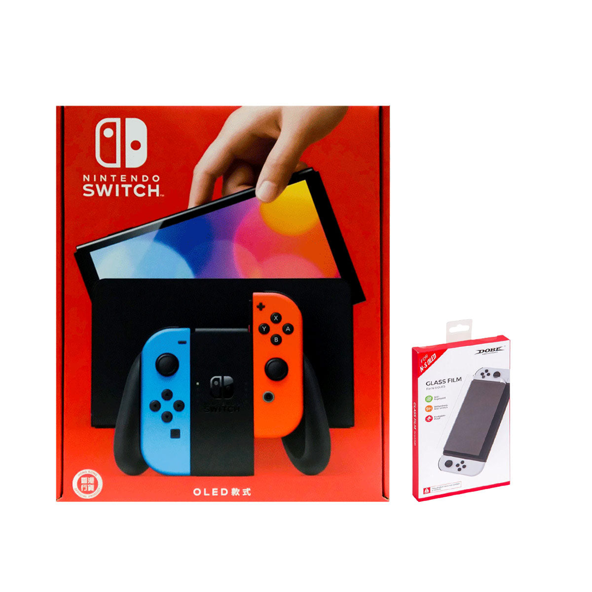 Nintendo Switch Console With Red/Blue Joycon (Oled Model) Standalone + NSW Dobe Glass Film For N-S Oled (TNS-1156) Bundle