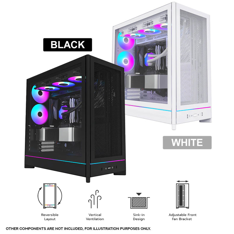Montech HS01 Pro ATX Mid-Tower Mesh Front & TG Side Panel PC Case (Black, White)