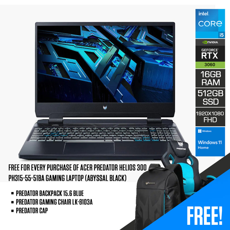 ACER Predator Helios 300 PH315-55-51BA  Gaming Laptop (Abyssal Black) | 15.6" FHD | i5-12500H | 16GB DDR5 | 512GB SSD | RTX™ 3060 | Windows 11 Home | Predator Backpack 15.6 Blue | Gaming Chair LK-8103A | Predator Cap