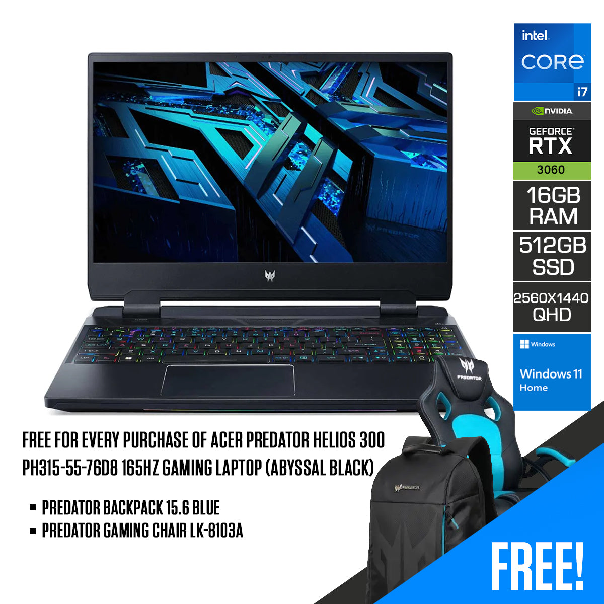 Acer Predator Helios 300 PH315-55-76D8 165HZ Gaming Laptop (Abyssal Black) QHD i7-12700H 16GB DDR5 512GB SSD RTX3060 Windows 11