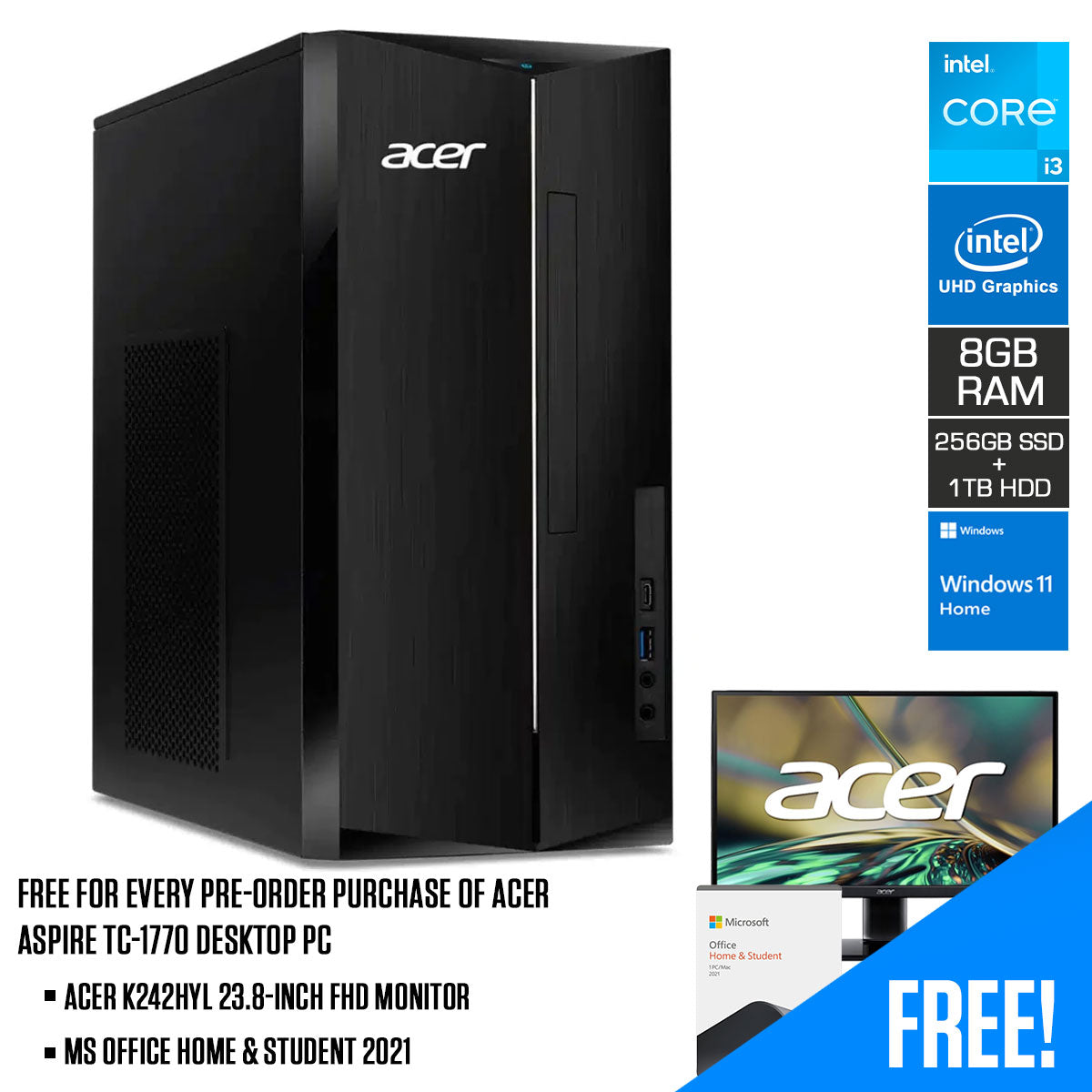 Acer Aspire TC-1770 13th Gen Desktop | i3-13100 | 8GB RAM | 256GB Solid-State Drive | 1TB Hard Drive| Intel UHD Graphics | Windows 11 Home | Ms Office H&S 2021 | Acer KA222Q HBI 21.5" FHD 100HZ Monitor