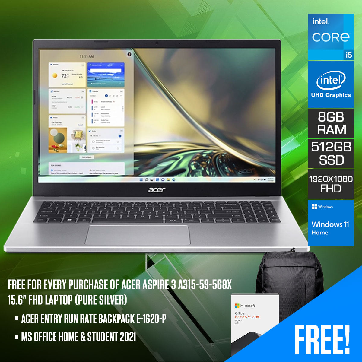 Acer Aspire 3 A315-59-568X 15.6" FHD Laptop (Pure Silver) | 15.6" FHD (1920x1080) | i5-1235U | 8GB RAM | 512GB SSD | Intel UHD Graphics | Windows 11 Home | MS Office Home & Student 2021 | Acer Entry Run Rate Backpack E-1620-P (LZBPKM6B12)