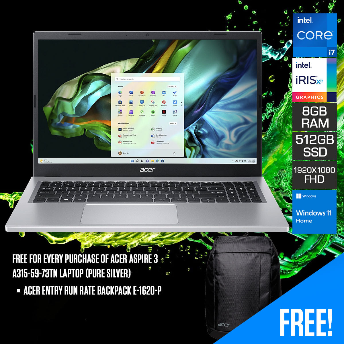 Acer Aspire 3 A315-59-73TN Laptop (Pure Silver) | 15.6” FHD (1920 x 1080) | i7 1255U | 8GB RAM | 512GB SSD | Intel Iris Xe Graphics | Windows 11 Home | Acer Entry Run Rate Backpack E-1620-P