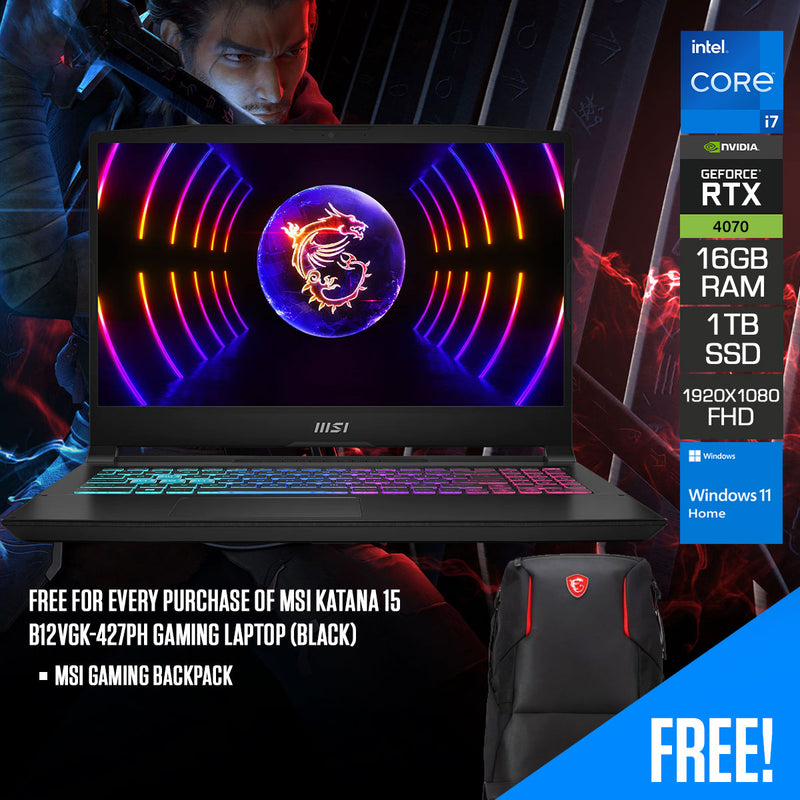 MSI Katana 15 B12VGK-427PH Gaming Laptop (Black) | 15.6” (1920 x 1080) FHD | i7-12650H | 16GB RAM | 1TB SSD | RTX 4070 | Windows 11 Home | MSI Gaming Backpack