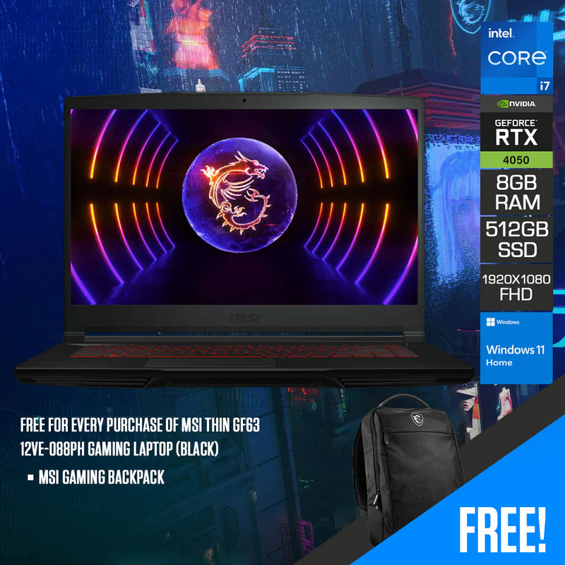 MSI Thin GF63 12VE-088PH Gaming Laptop (Black) | 15.6" FHD (1920x1080) | i7 12650H | 8GB RAM | 512GB SSD | RTX 4050 | Windows 11 Home | MSI Gaming Backpack