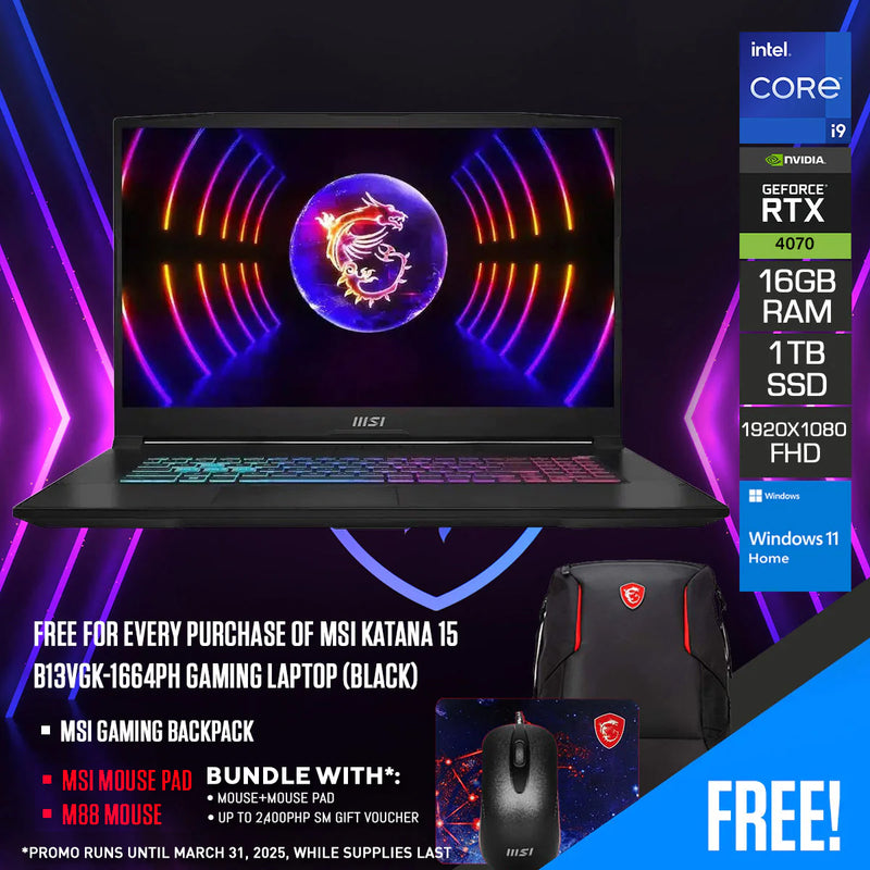 MSI Katana 15 B13VGK-1664PH Gaming Laptop (Black) | 15.6" FHD (1920x1080) 144Hz IPS | i9-13900H | 16GB RAM | 1TB SSD | RTX 4070 | Windows 11 Home | MSI Gaming Backpack