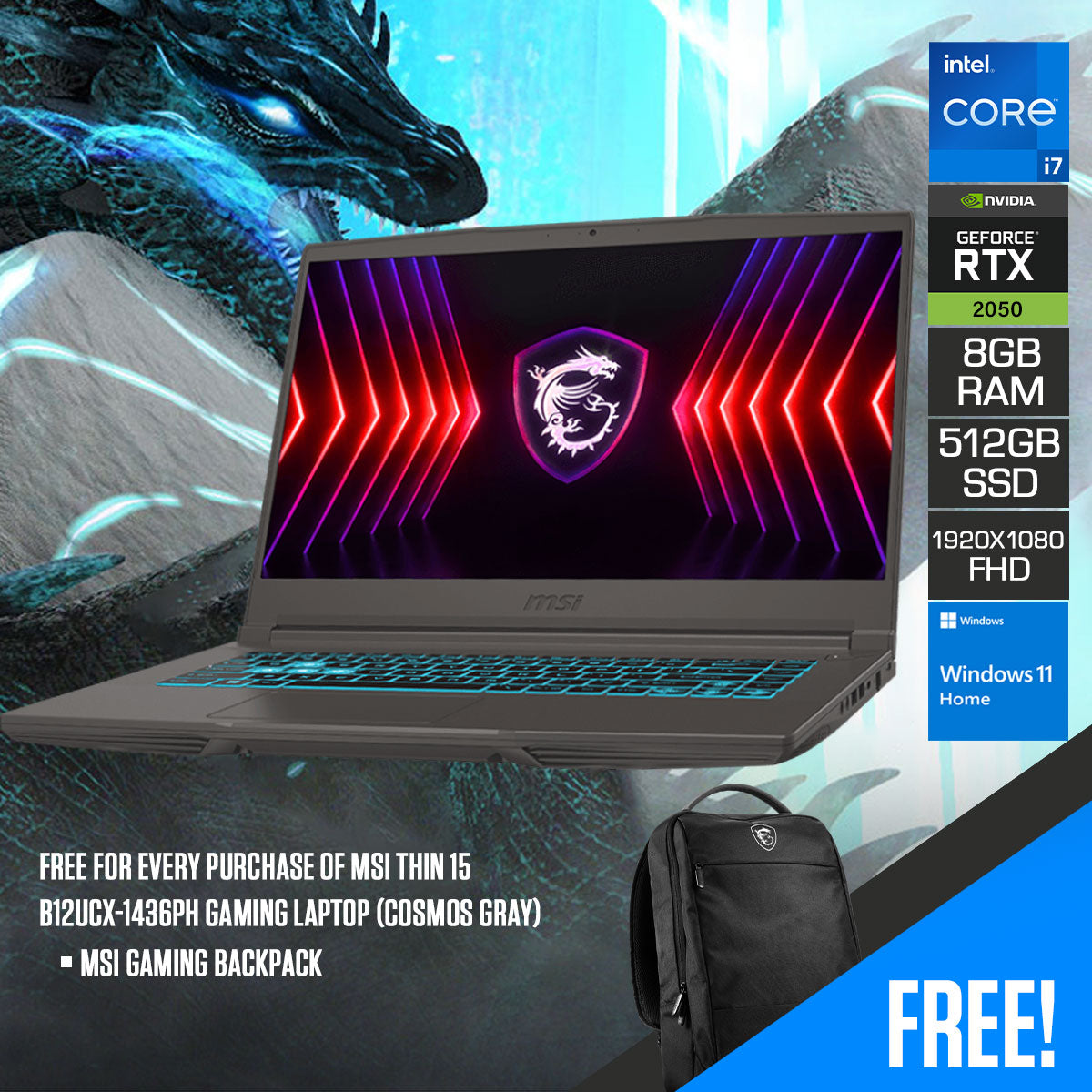 MSI Thin 15 B12UCX-1436PH Gaming Laptop (Cosmos Gray)