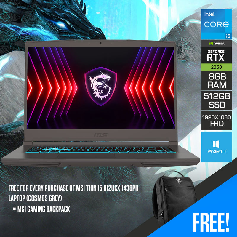 MSI Thin 15 B12UCX-1438PH Laptop (Cosmos Grey) | 15.6" FHD (1920x1080) 144Hz IPS | i5-12450H | 8GB RAM | 512GB SSD | RTX 2050 | Windows 11 | MSI Gaming Backpack