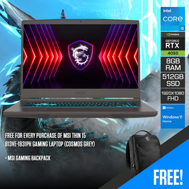 MSI Thin 15 B13VE-1831PH Gaming Laptop (Cosmos Grey) | 15.6" FHD (1920x1080) 144Hz IPS | i5-13420H | 8GB Ram | 512GB SSD | RTX 4050 | Windows 11 Home | MSI Gaming Backpack