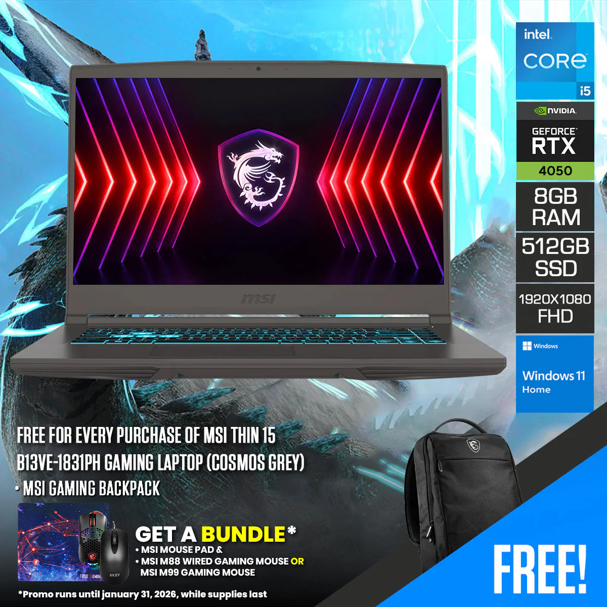 MSI Thin 15 B13VE-1831PH Gaming Laptop (Cosmos Grey)