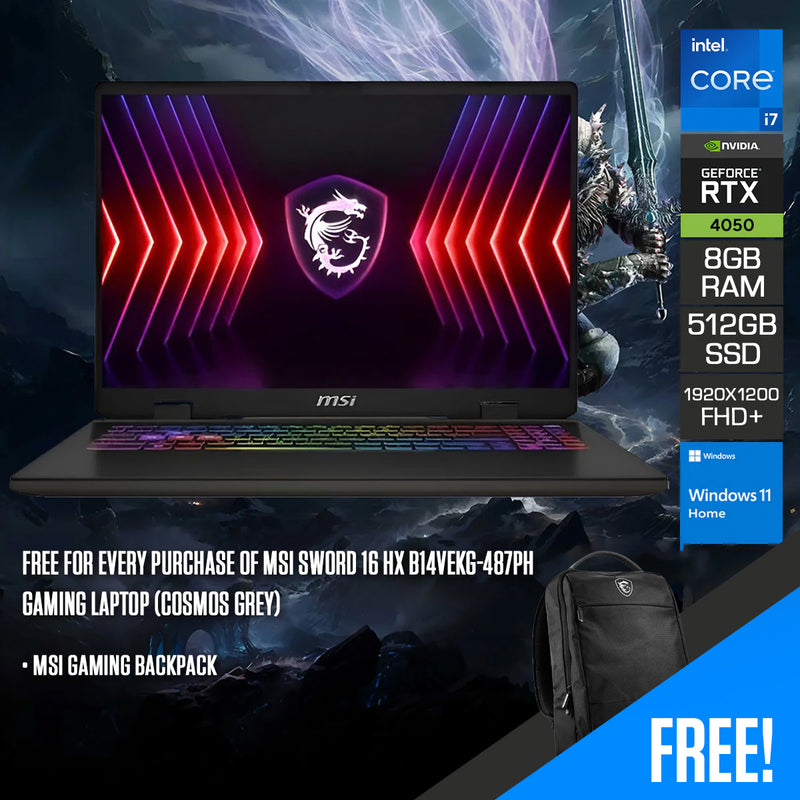 MSI Sword 16 HX B14VEKG-487PH Gaming Laptop (Cosmos Grey) | 16" FHD+ (1920x1200) 144Hz IPS | i7-14650HX | 8GB RAM | 512GB SSD | RTX 4050 | Windows 11 Home  | MSI Gaming Backpack