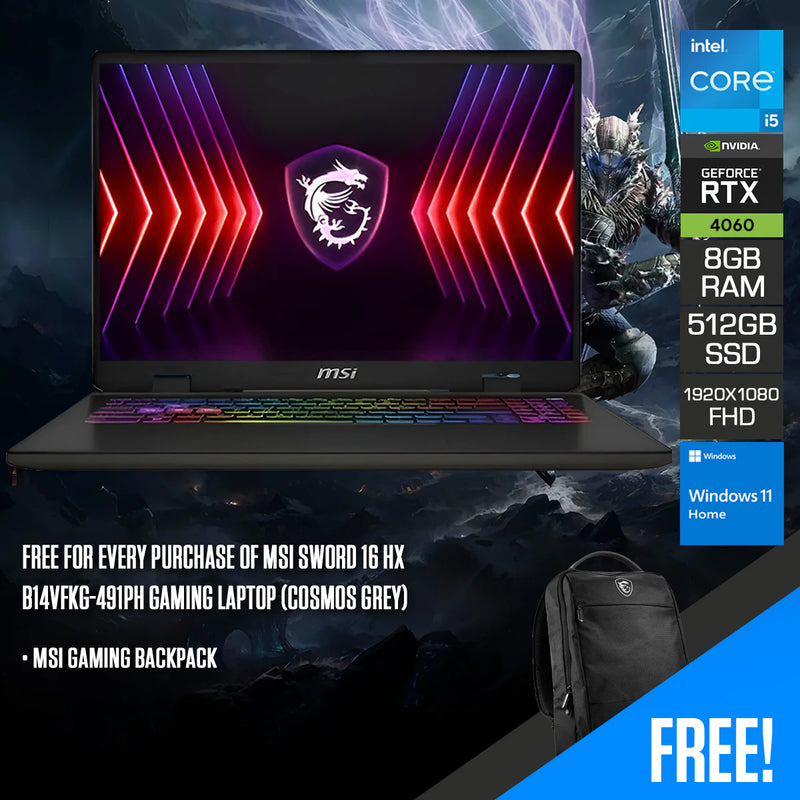 MSI Sword 16 HX B14VFKG-491PH Gaming Laptop (Cosmos Grey) | 15.6" FHD (1920x1080) 144Hz IPS | i5-14450HX | 8GB RAM | 512GB SSD | RTX 4060 | Windows 11 Home + MSI Gaming Backpack