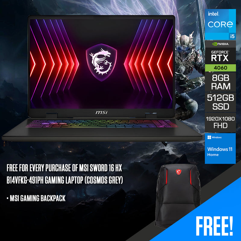 MSI Sword 16 HX B14VFKG-491PH Gaming Laptop (Cosmos Grey) | 15.6" FHD (1920x1080) 144Hz IPS | i5-14450HX | 8GB RAM | 512GB SSD | RTX 4060 | Windows 11 Home + MSI Gaming Backpack