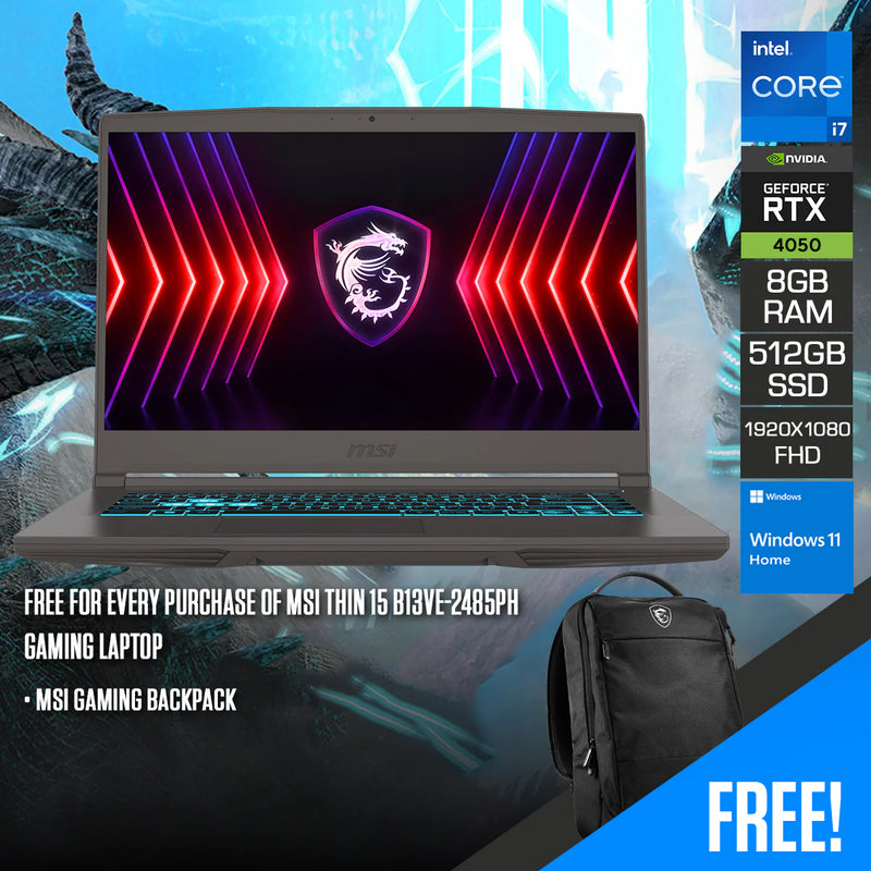 MSI Thin 15 B13VE-2485PH Gaming Laptop | 15.6" FHD (1920x1080) 144Hz | i7-13620H | 8GB RAM | 512GB SSD | RTX 4050 | Windows 11 Home  + MSI Gaming Backpack