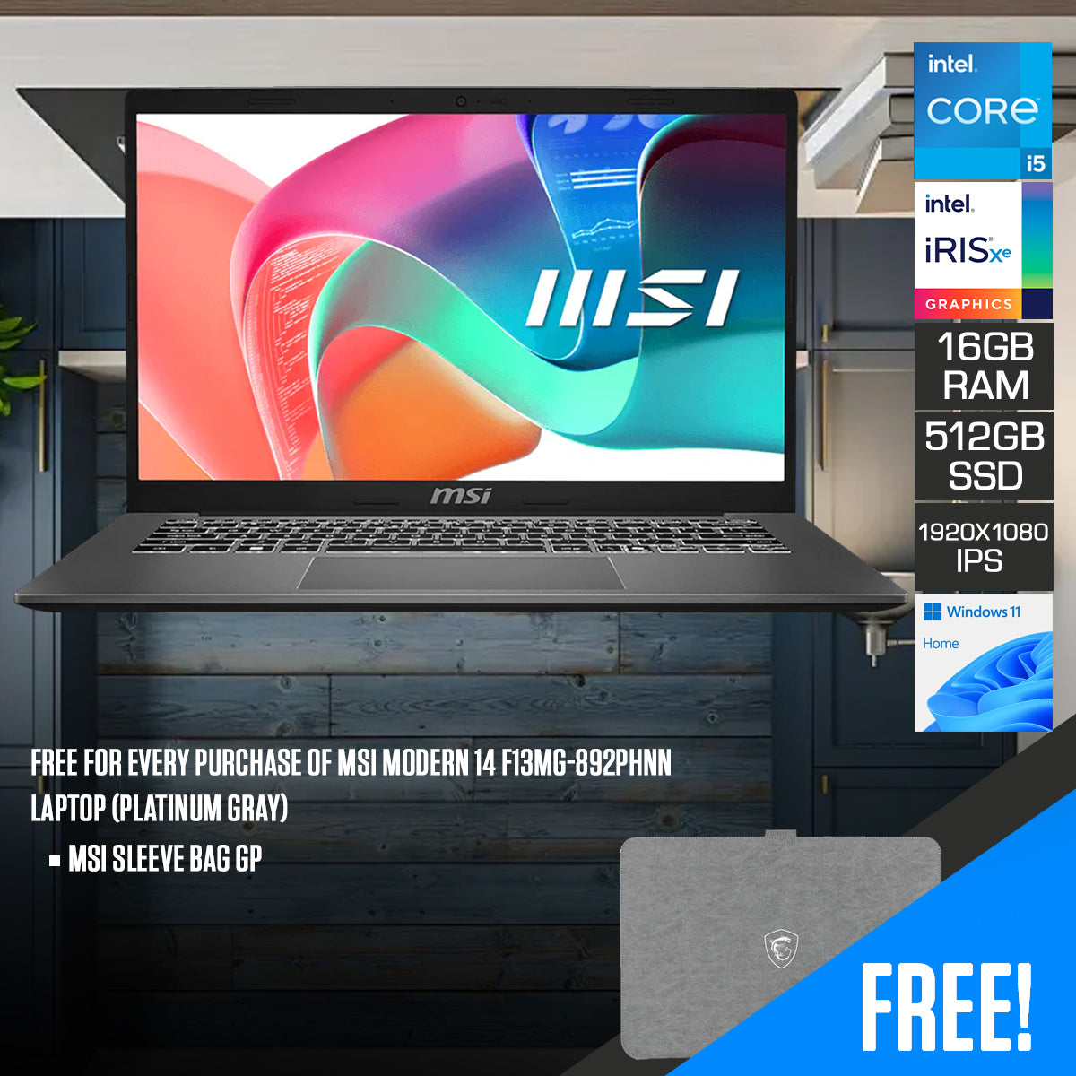 MSI Modern 14 F13MG-892PHNN Laptop (Platinum Gray) | 14" FHD (1920x1080) IPS | Core i5-1334U | 16GB RAM | 512GB SSD | Intel Iris Xe Graphics | Windows 11 Home | MSI Sleeve Bag GP