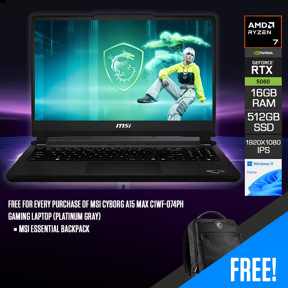 MSI Cyborg A15 Max C1WF-074PH Gaming Laptop (Platinum Gray)
