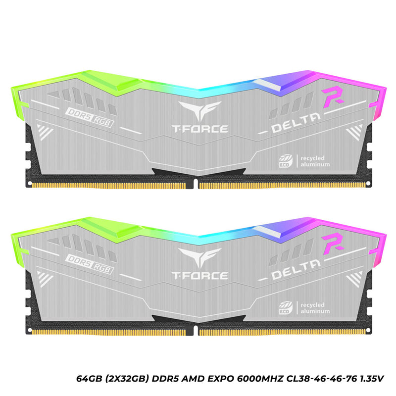 Teamgroup T-force Delta RGB ECO 64GB (2x32GB) DDR5 AMD EXPO 6000MHz CL38-46-46-76 1.35V Gaming Desktop Memory (Silver) (FF2D564G6000HC38GDC01)