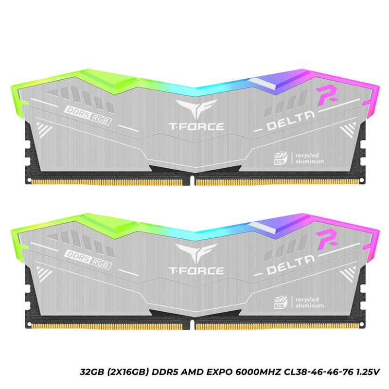 Teamgroup T-force Delta RGB ECO 32GB (2x16GB) DDR5 AMD EXPO 6000MHz CL38-46-46-76 1.25V Gaming Desktop Memory (Silver) (FF2D532G6000HC38GDC01)