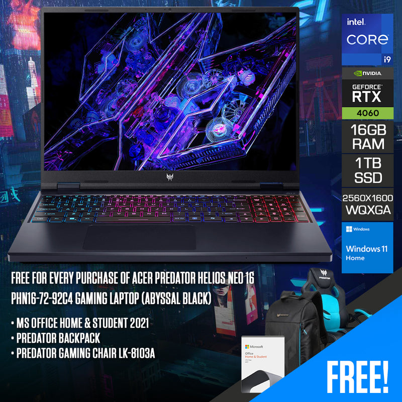 Acer Predator Helios Neo 16 PHN16-72-92C4 Gaming Laptop (Abyssal Black) | 16" WQXGA (2560x1600) IPS 165Hz | i9-14900HX | 16GB RAM | 1TB SSD | RTX 4060 | Windows 11 Home + MS Office Home & Student 2021 + Predator Backpack + Predator Gaming Chair LK-8103A