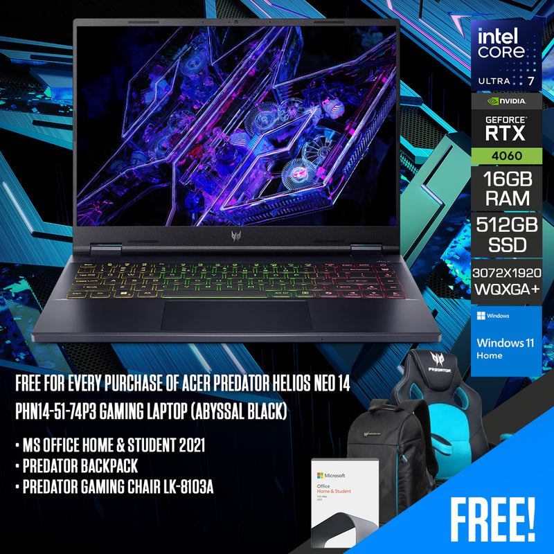 Acer Predator Helios Neo 14 PHN14-51-74P3 Gaming Laptop (Abyssal Black) | 14.5" WQXGA (3072x1920) IPS 165Hz | Ultra 7 155H | 16GB RAM | 512GB SSD | RTX 4060 | Windows 11 Home + MS Office H&S 2021 + Predator Backpack + Predator Gaming Chair LK-8103A