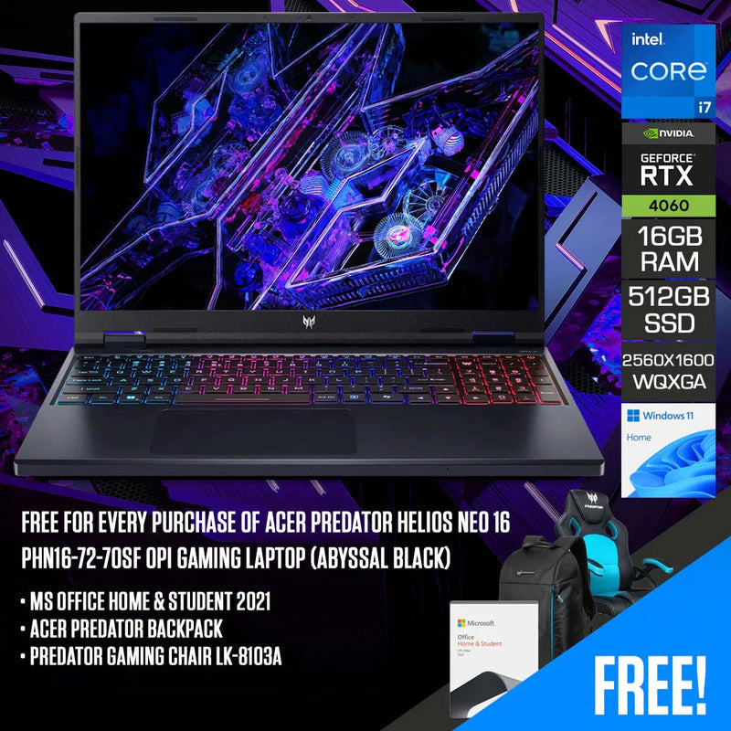 Acer Predator Helios Neo 16 PHN16-72-70SF OPI Gaming Laptop (Abyssal Black) | 16" WQXGA 2560x1600 IPS 180Hz | i7-14700HX | 16GB RAM | 512GB SSD | RTX 4060 | Windows 11 Home + MS Office H&S 2021 + Acer Predator Backpack+ Predator Gaming Chair LK-8103A