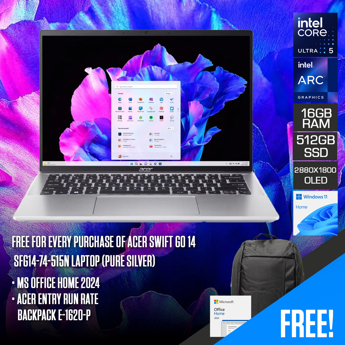 Acer Swift GO 14 SFG14-74-515N Laptop (Pure Silver) | 14" WQXGA+ (2880x1800) OLED | Core Ultra 5 225H | 16GB RAM | 512GB SSD | Intel Arc Graphics | Windows 11 Home | MS Office Home 2024 + Acer Entry Run Rate Backpack E-1620-P