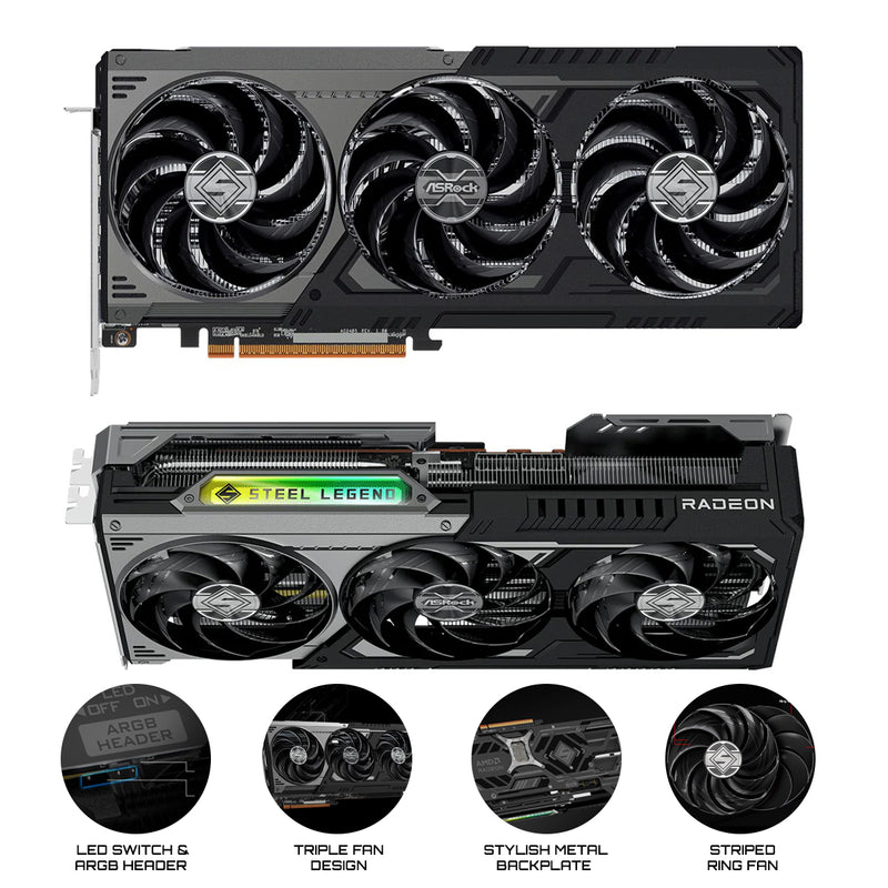 ASRock AMD Radeon RX 9070 XT Steel Legend Dark 16GB GDDR6 Graphics Card
