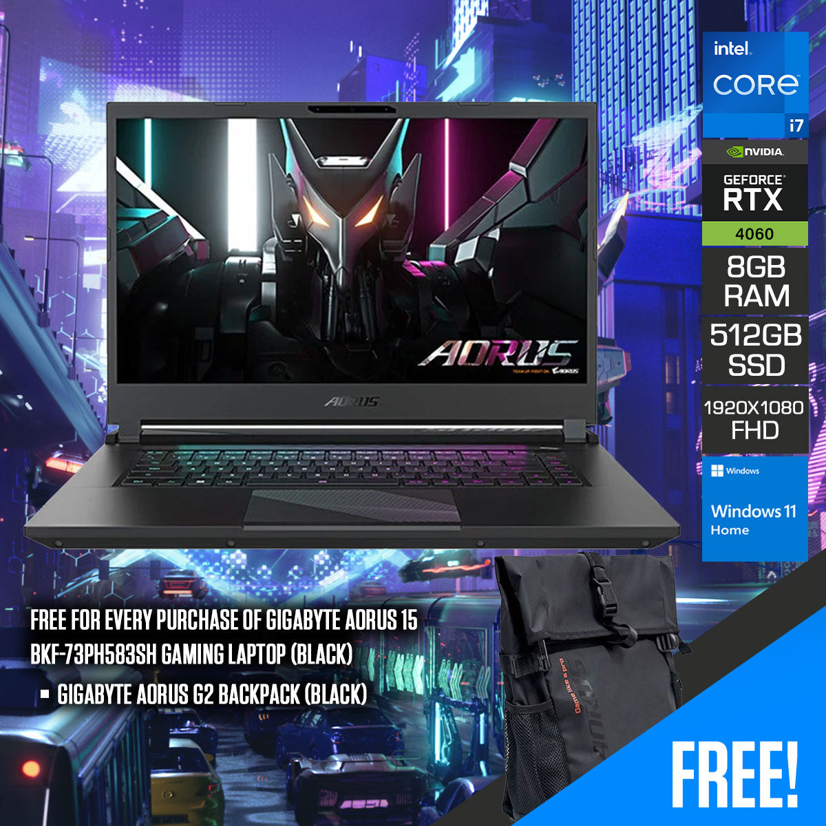 Gigabyte Aorus 15 BKF-73PH583SH Gaming Laptop (Black) | 15.6" FHD 1920 x 1080 360Hz | i7 13700H | RTX 4060 | 8GB DDR5 | 512GB SSD | Windows 11 Home | Gigabyte Aorus G2 Backpack (Black)