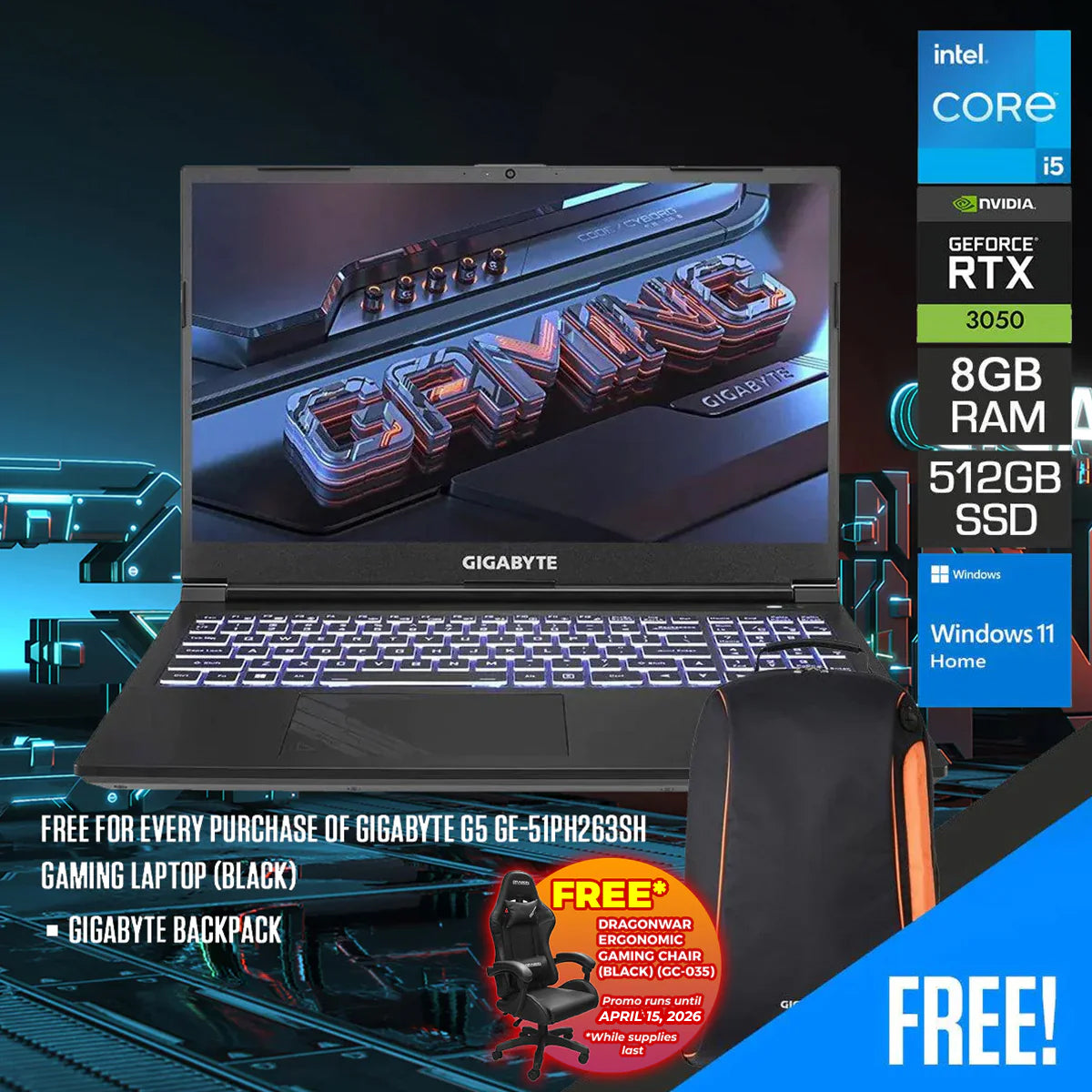 Gigabyte G5 GE-51PH263SH Gaming Laptop (Black)