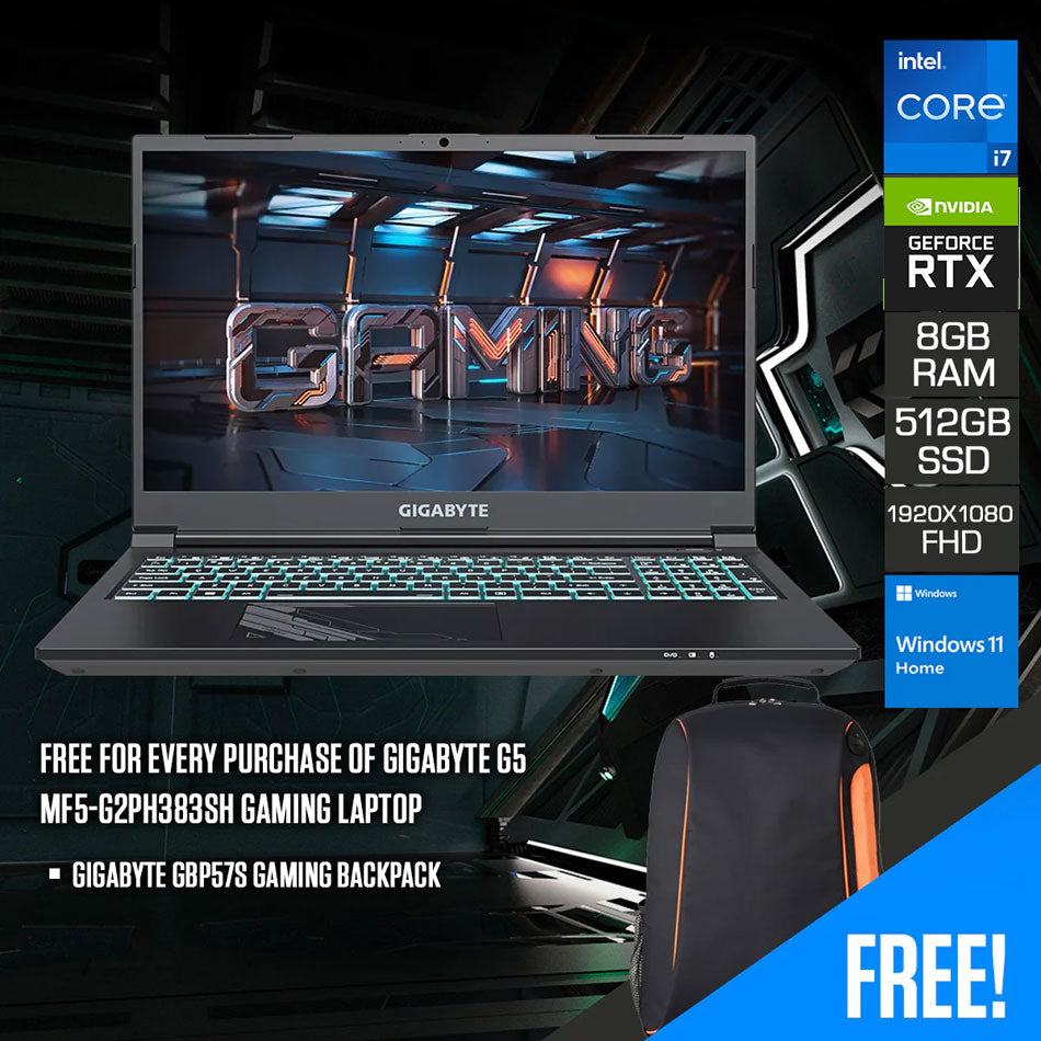 Gigabyte G5 MF5-G2PH383SH Gaming Laptop | 15.6" FHD (1920X1080) | 144HZ | i7-12650H | 8GB Ram | 512GB | RTX 4050 | Windows 11 Home | Gigabyte GBP57S Gaming Backpack