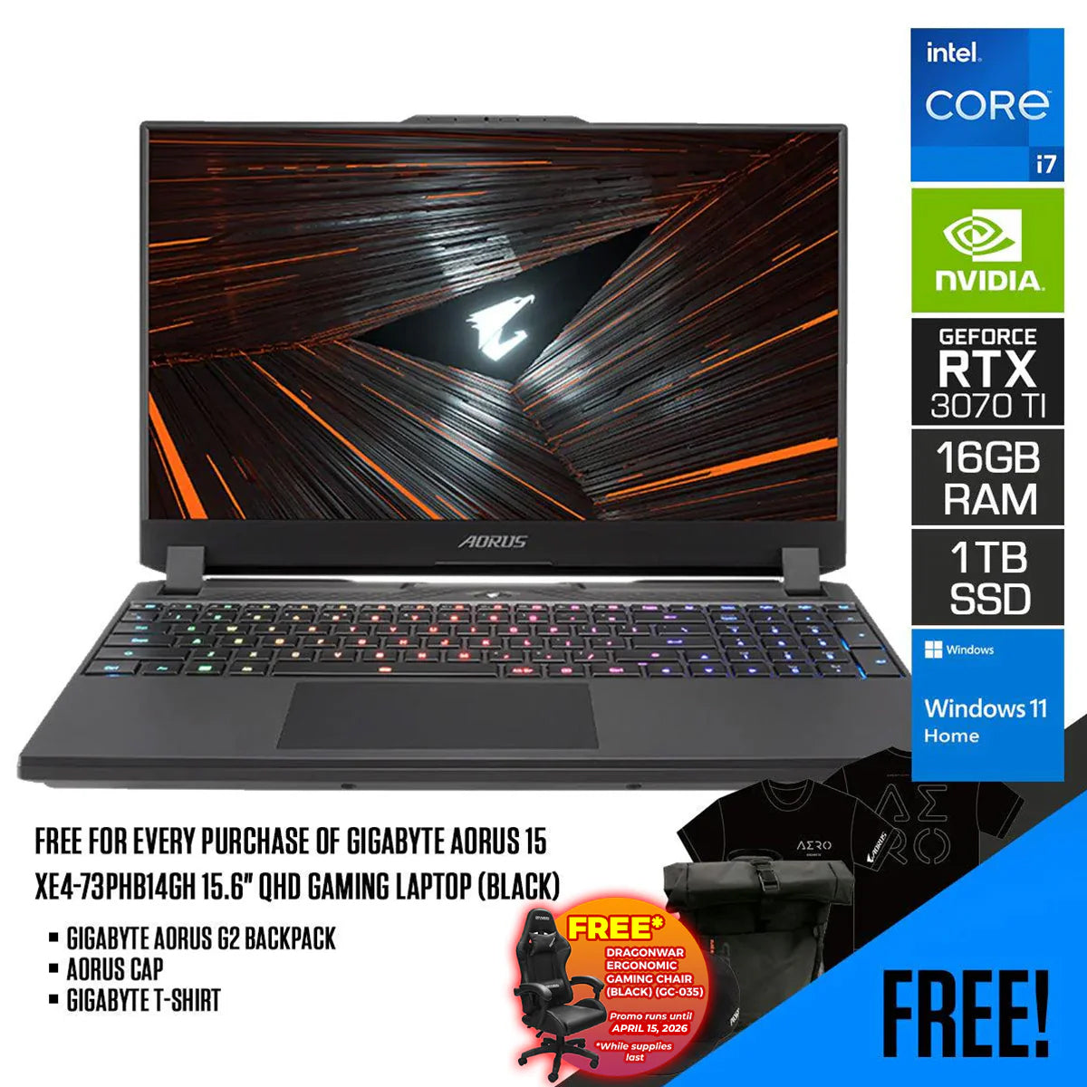 GIGABYTE AORUS 15 XE4-73PHB14GH GAMING LAPTOP (BLACK)