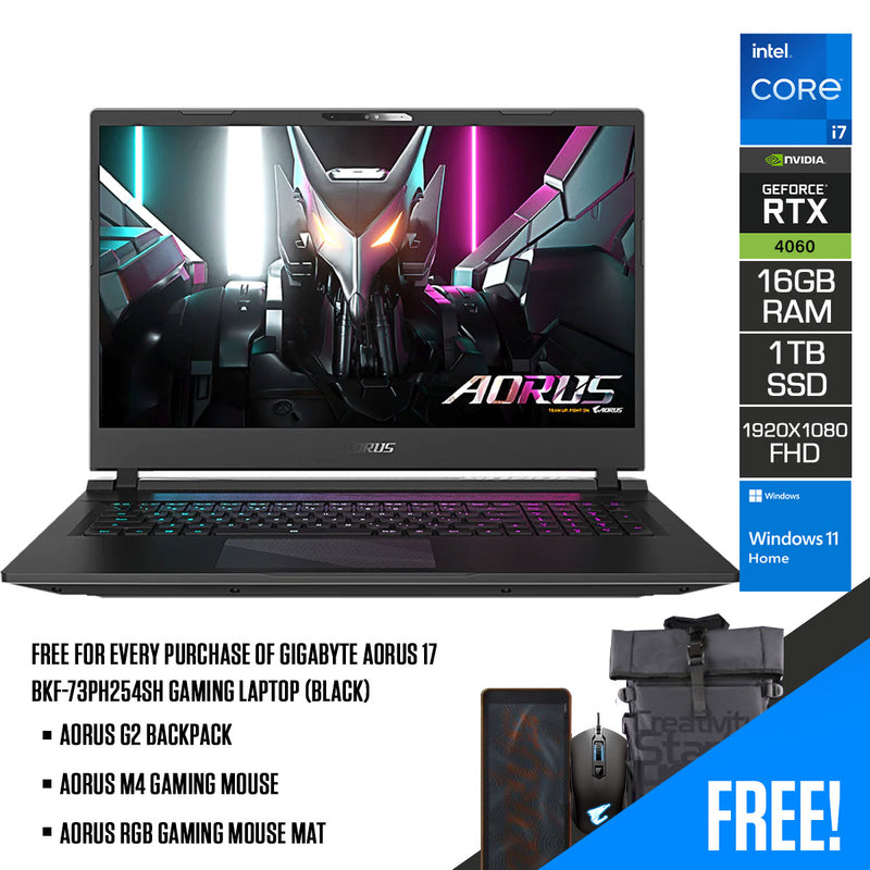 Gigabyte Aorus 17 BKF-73PH254SH Gaming Laptop (Black) | 17.3" FHD (1920x1080) 300Hz | i7 13700H | 16GB RAM | RTX 4060 | 1TB SSD | Windows 11 Home | Aorus G2 Backpack | Aorus RGB Gaming Mouse Mat | Aorus M4 Gaming Mouse