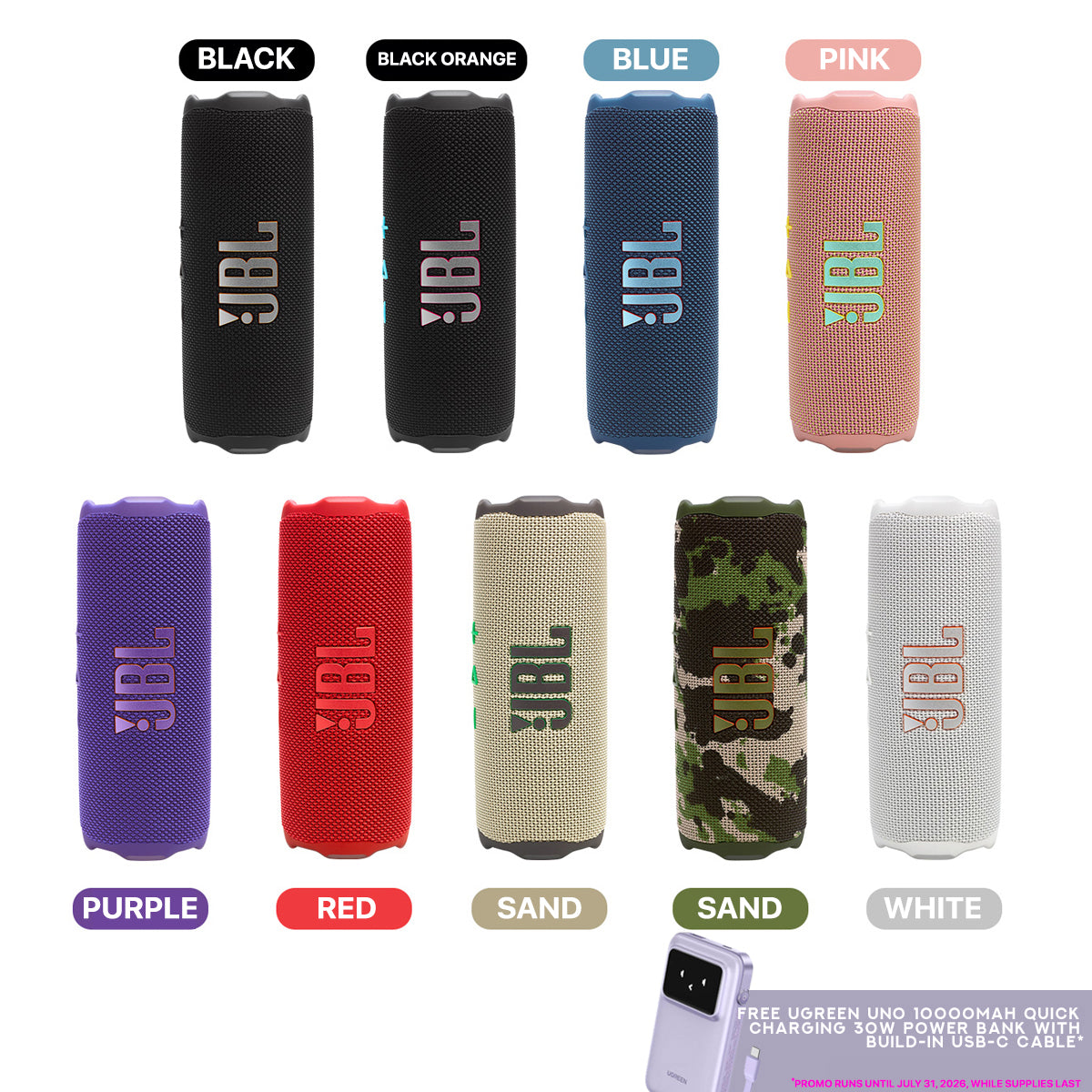 JBL Flip 7 Portable Waterproof & Drop-Proof Speaker (Black, Black Orange, Blue, Pink, Purple, Red, Sand, Squad, White)